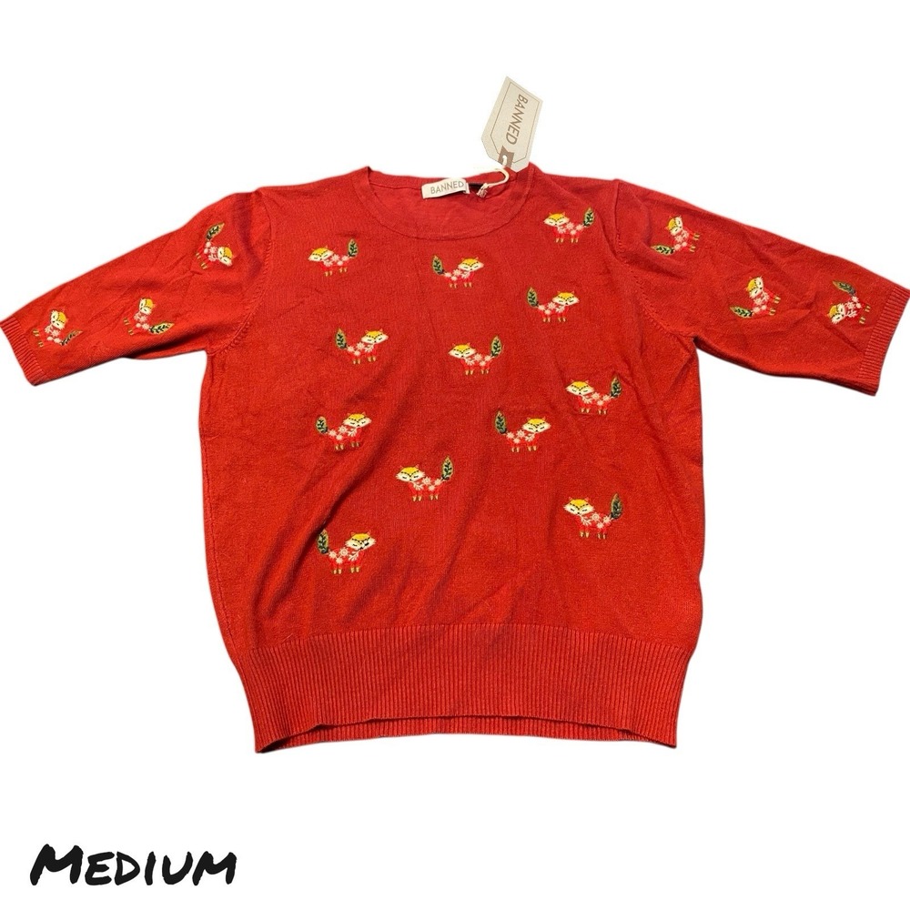 Banned Red Knit Sweater Medium NWT Embroidered Fox Pattern Short Sleeve Pullover